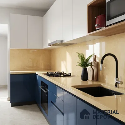 Modern dual tone kitchen with blue high gloss laminate, frosty white laminate, and beige marble backsplash and countertop