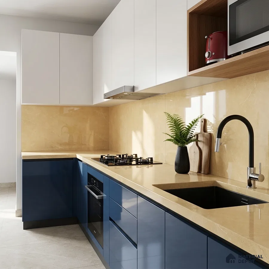 Modern dual tone kitchen with blue high gloss laminate, frosty white laminate, and beige marble backsplash and countertop