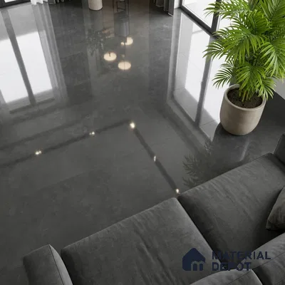 Modern living room with glossy charcoal grey floor tiles and grey fabric sofa