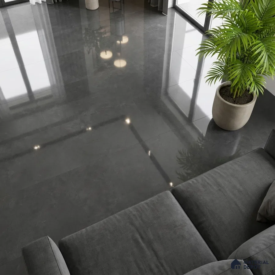 Modern living room with glossy charcoal grey floor tiles and grey fabric sofa