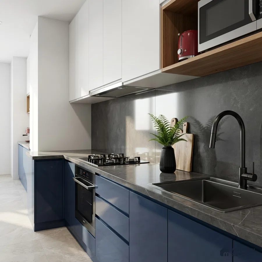 Modern kitchen with blue high gloss laminate, white laminate, and grey stone countertop