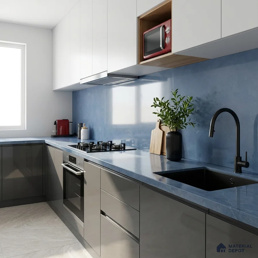 Modern kitchen with blue quartz countertop, blue backsplash, and glossy grey and white laminate cabinets