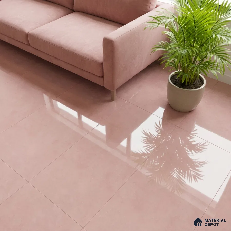 Minimalist living room with blush pink glossy floor tiles and pastel pink fabric sofa
