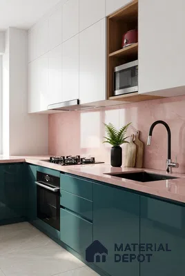Modern dual tone kitchen with teal blue high gloss laminate, frosty white laminate, and blush pink marble-look backsplash