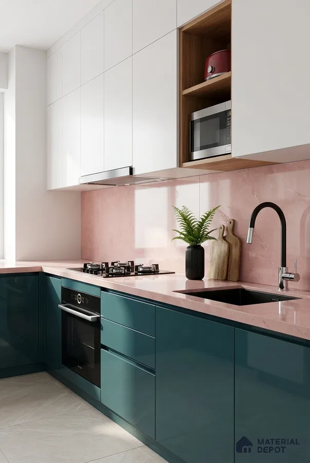Modern dual tone kitchen with teal blue high gloss laminate, frosty white laminate, and blush pink marble-look backsplash