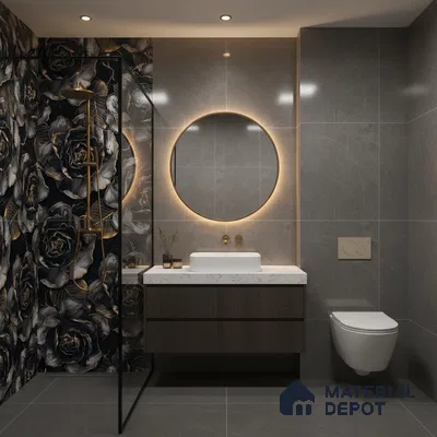 Modern bathroom with black floral highlighter wall tile, grey marble wall tile, and floating wood vanity