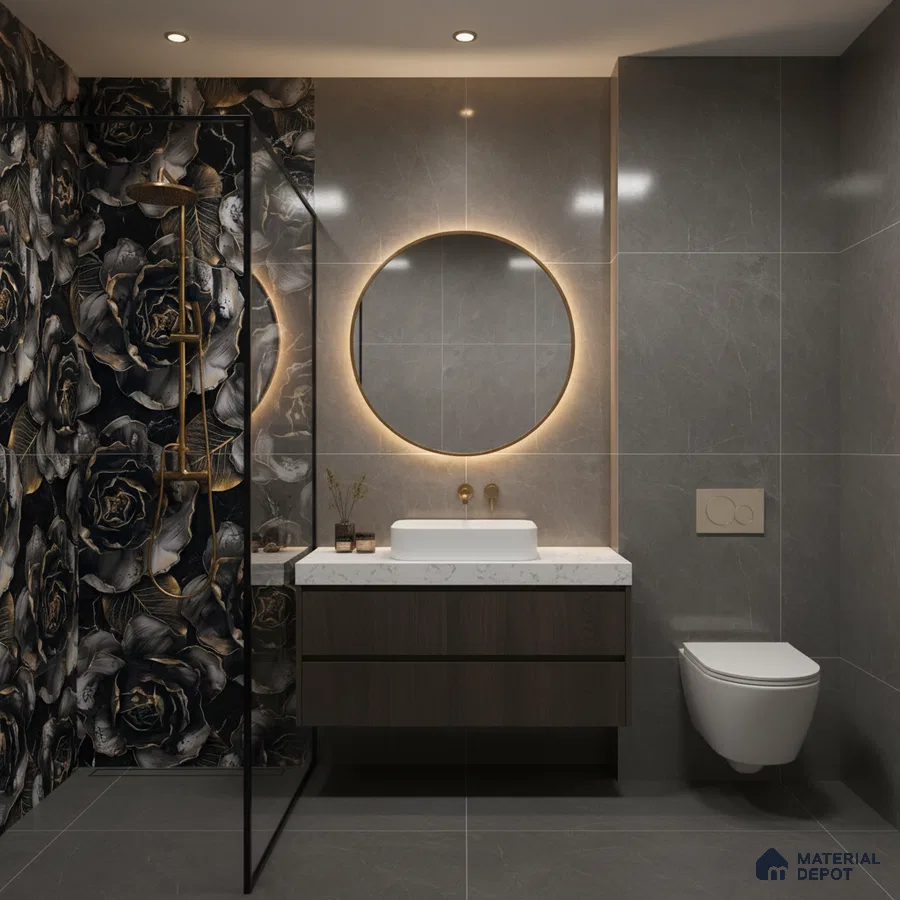 Modern bathroom with black floral highlighter wall tile, grey marble wall tile, and floating wood vanity