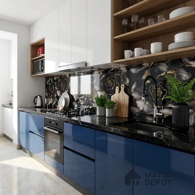 Modern kitchen with blue high gloss laminate, black quartz countertop, and floral patterned backsplash tile