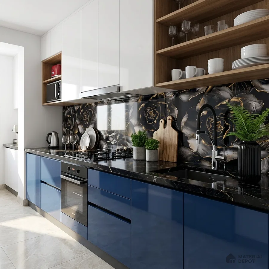 Modern kitchen with blue high gloss laminate, black quartz countertop, and floral patterned backsplash tile