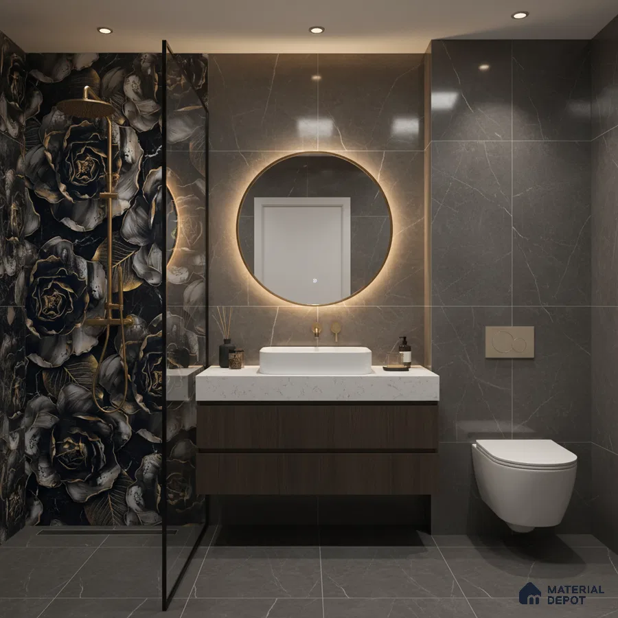 Modern bathroom with dark floral highlighter wall tile, grey marble wall tiles, and white quartz countertop