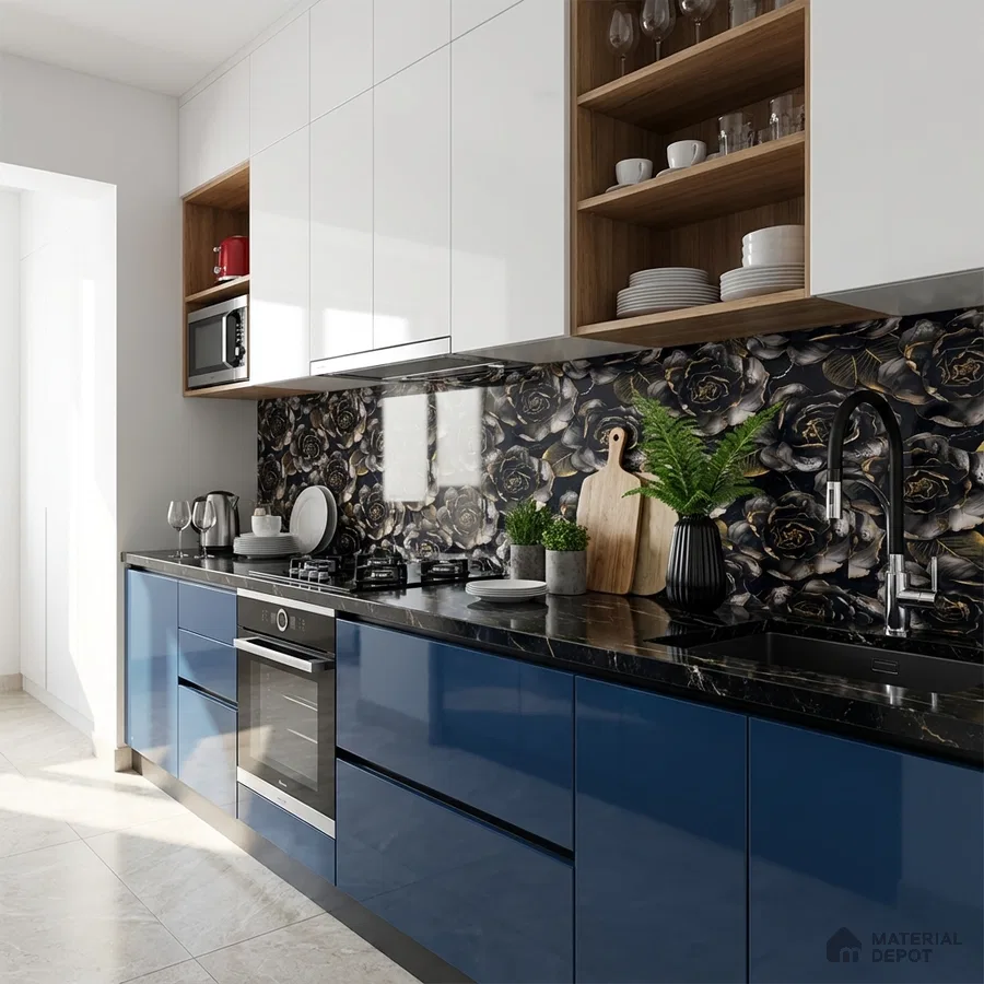 Modern kitchen with blue high gloss laminate, floral patterned backsplash tile, and black quartz countertop
