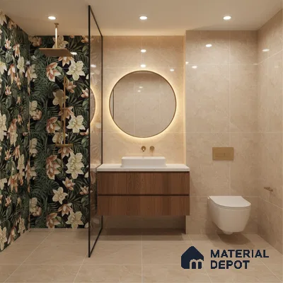 Modern bathroom with floral tropical highlighter wall tiles, beige marble-look tiles, and wooden floating vanity