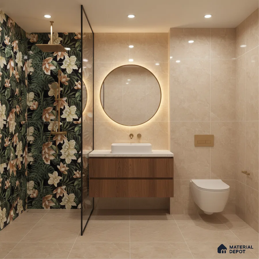 Modern bathroom with floral tropical highlighter wall tiles, beige marble-look tiles, and wooden floating vanity