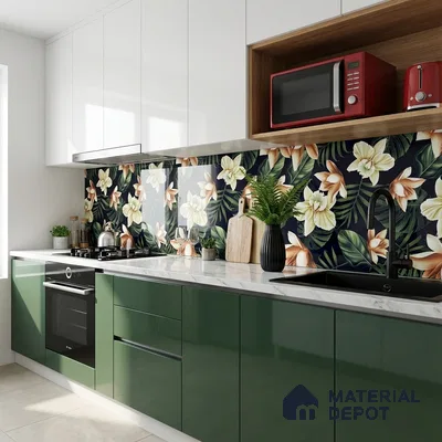 Modern kitchen with olive green high gloss laminate, white quartz countertop, and floral tropical backsplash tile