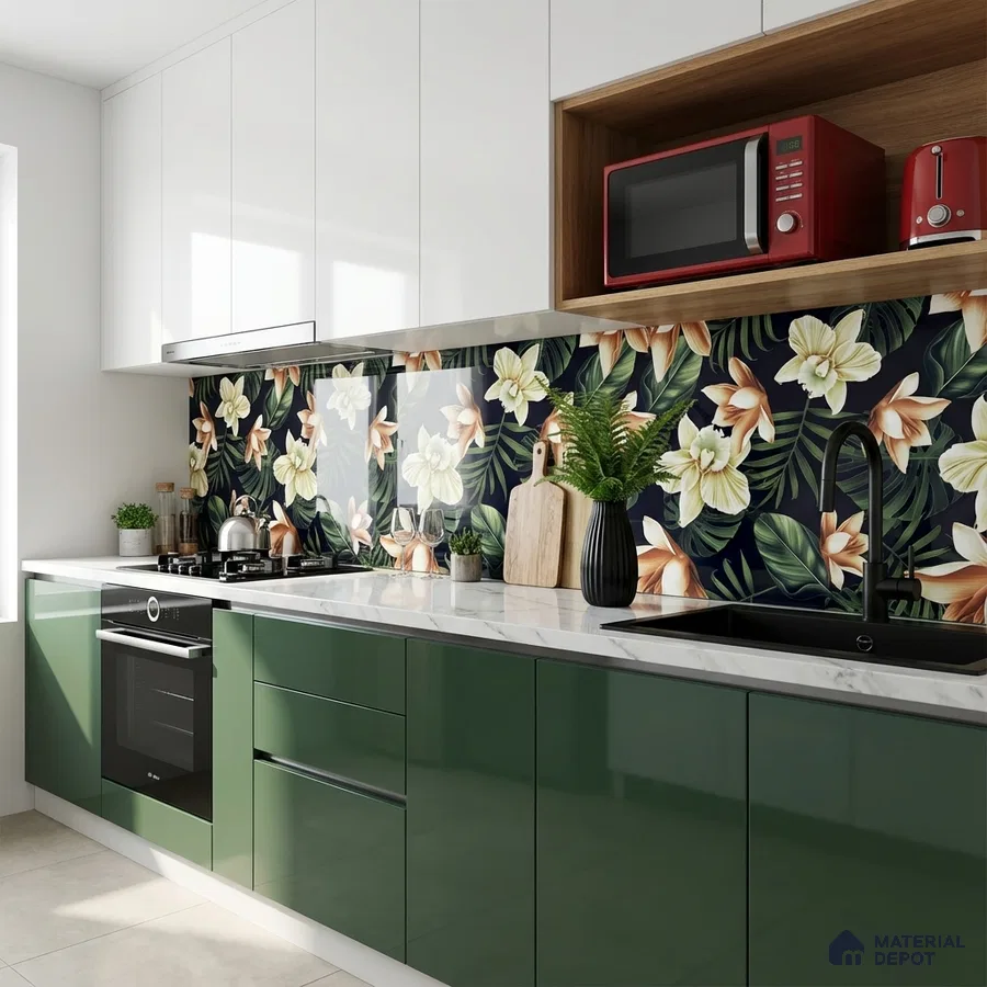 Modern kitchen with olive green high gloss laminate, white quartz countertop, and floral tropical backsplash tile