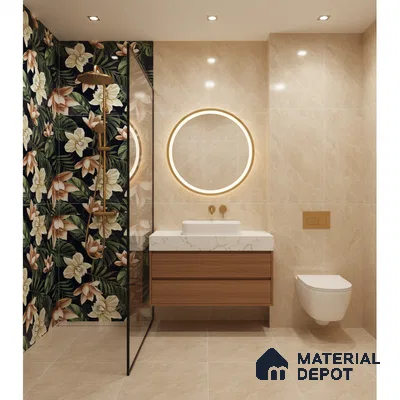 Modern bathroom with floral highlighter wall tile, beige marble-look wall tile, and floating wood vanity