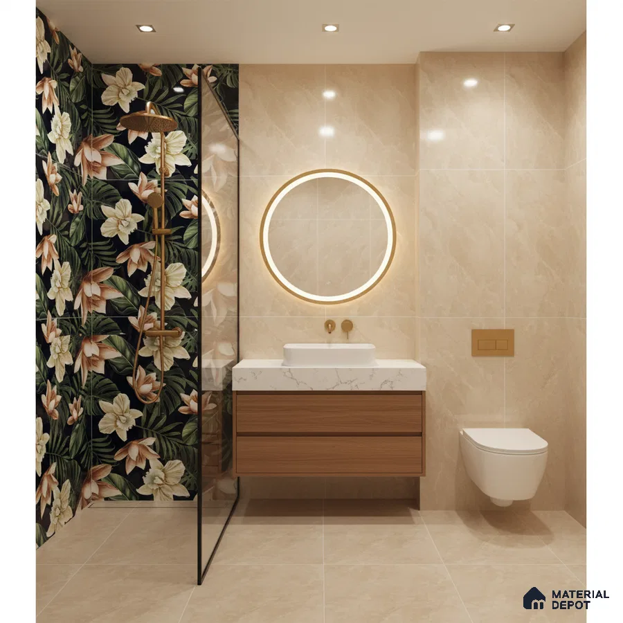 Modern bathroom with floral highlighter wall tile, beige marble-look wall tile, and floating wood vanity