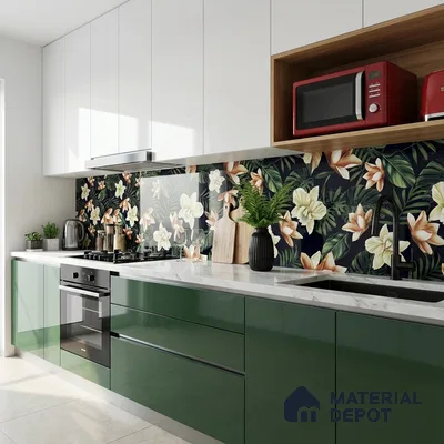 Modern kitchen with olive green glossy laminate, white quartz countertop, and floral tropical backsplash tile