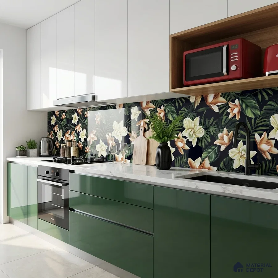 Modern kitchen with olive green glossy laminate, white quartz countertop, and floral tropical backsplash tile