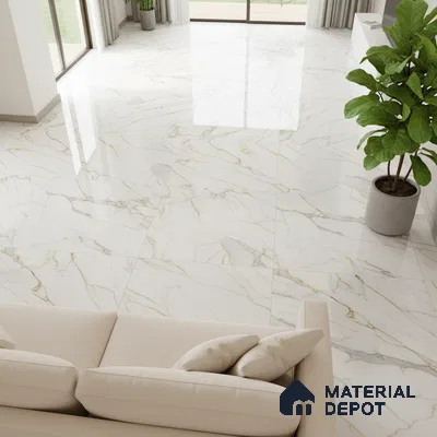 Modern living room with polished white marble-look floor tiles and beige sofa