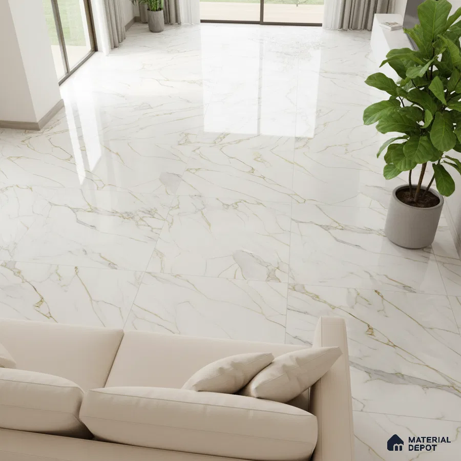 Modern living room with polished white marble-look floor tiles and beige sofa