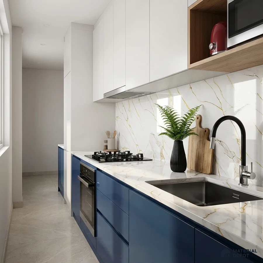 Modern parallel kitchen with blue high gloss laminate, white marble-look backsplash and countertop