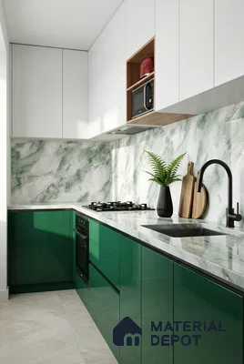 Modern kitchen with green high gloss laminate, white marble-look backsplash, and white upper cabinets