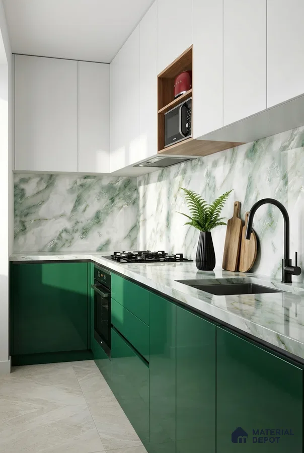 Modern kitchen with green high gloss laminate, white marble-look backsplash, and white upper cabinets
