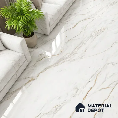 Modern living room with white marble-look floor tiles and neutral upholstery