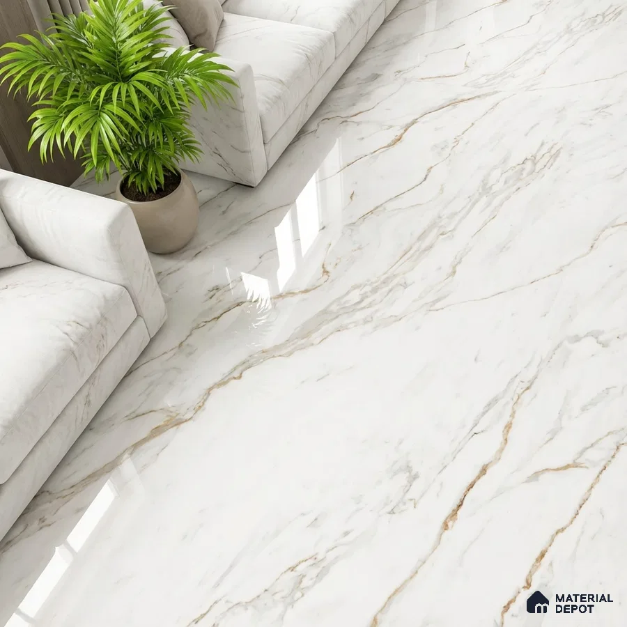 Modern living room with white marble-look floor tiles and neutral upholstery