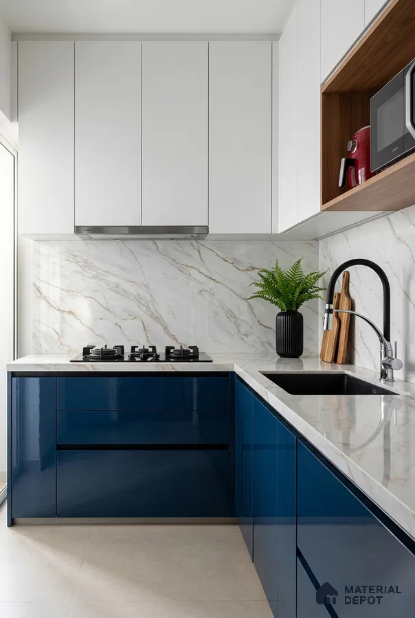 Modern kitchen with blue high gloss laminate, frosty white laminate, and marble-look backsplash