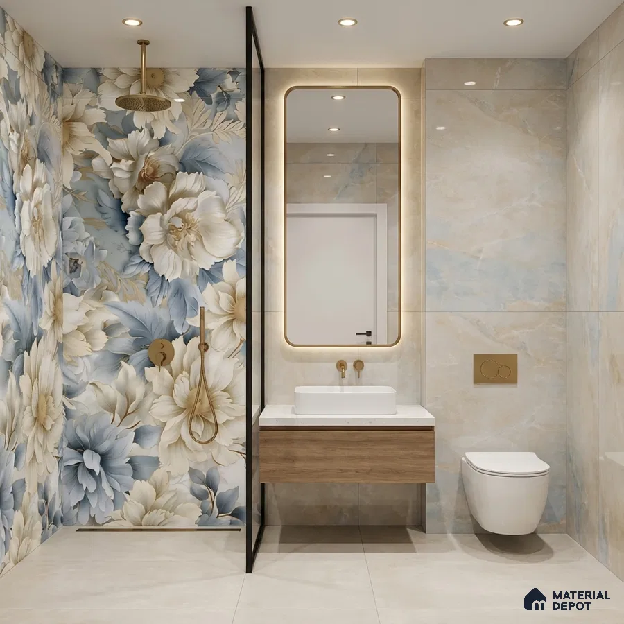 Modern bathroom with blue and beige floral highlighter wall tile and beige marble-look wall tiles