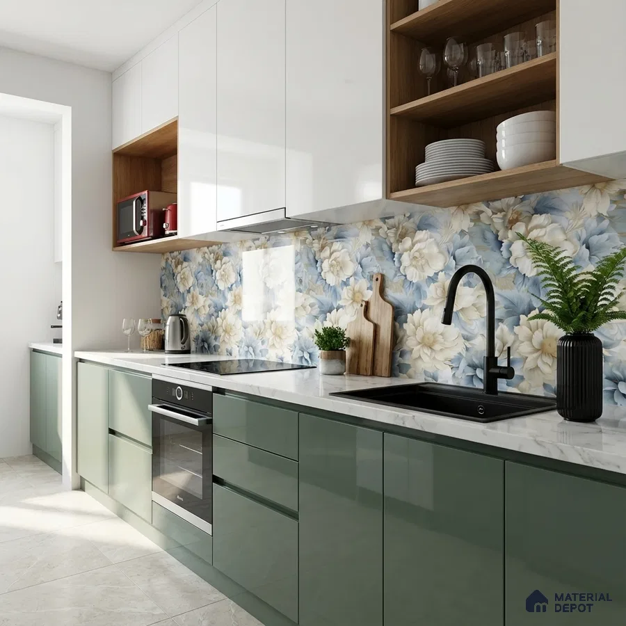 Modern kitchen with sage green high gloss laminate, white quartz countertop, and floral patterned backsplash tile