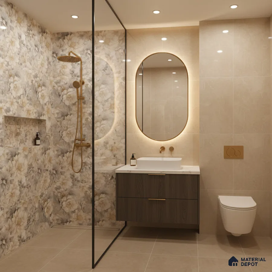 Modern bathroom with floral highlighter wall tiles, beige marble-look tiles, and wood vanity