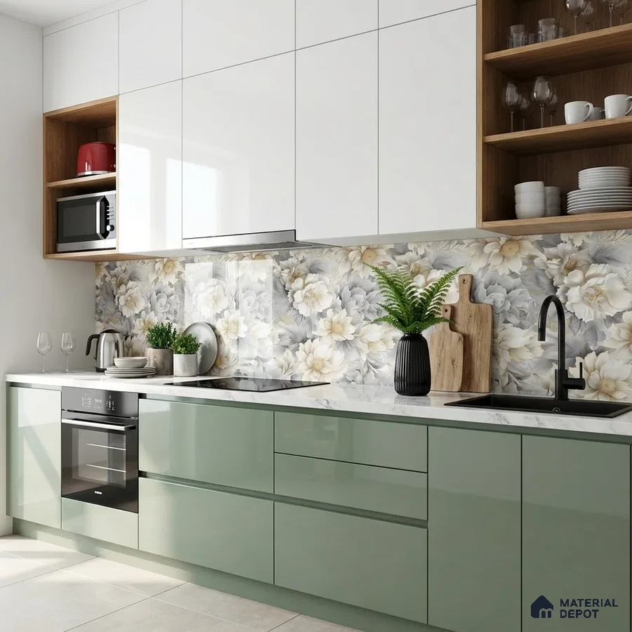 Modern kitchen with sage green glossy laminate, white high gloss laminate, and floral patterned backsplash tiles