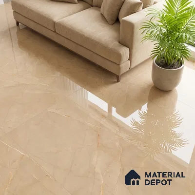 Modern living room with beige marble-look glossy floor tiles and neutral fabric sofa