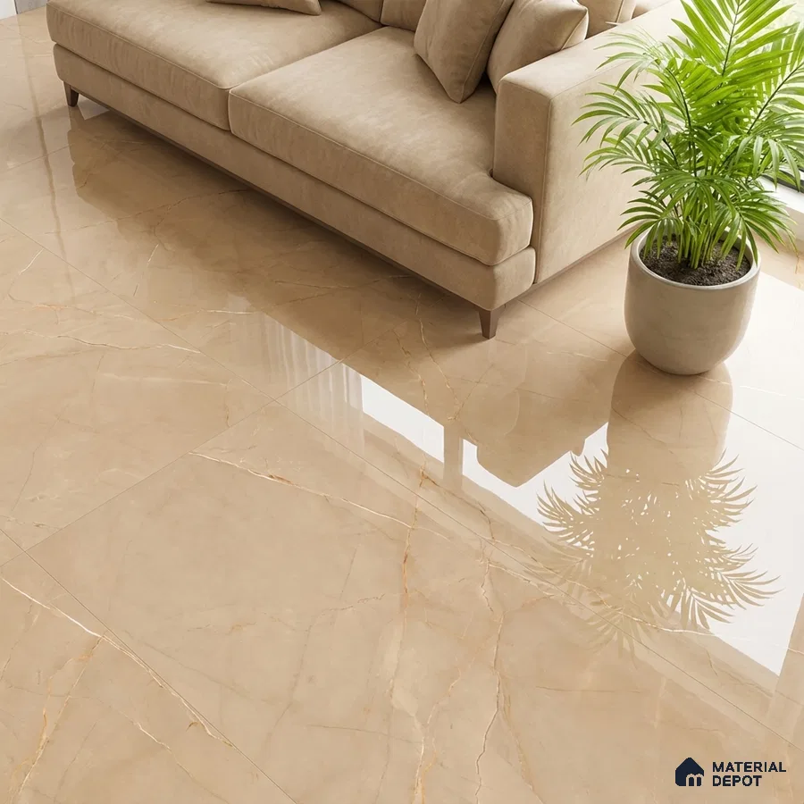 Modern living room with beige marble-look glossy floor tiles and neutral fabric sofa