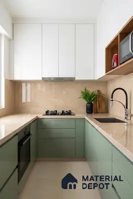 Modern U-shaped kitchen with sage green and white laminate, beige marble backsplash and countertop