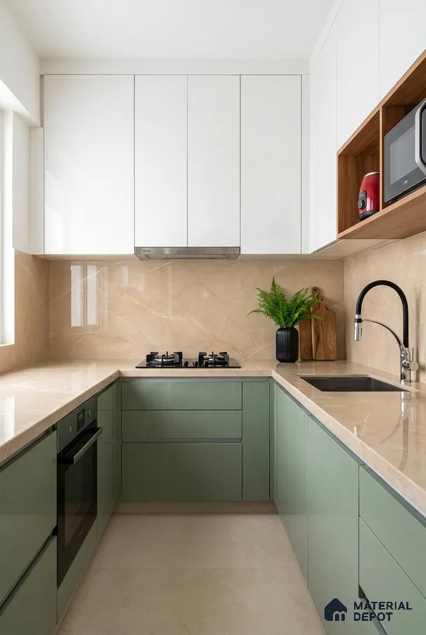 Modern U-shaped kitchen with sage green and white laminate, beige marble backsplash and countertop