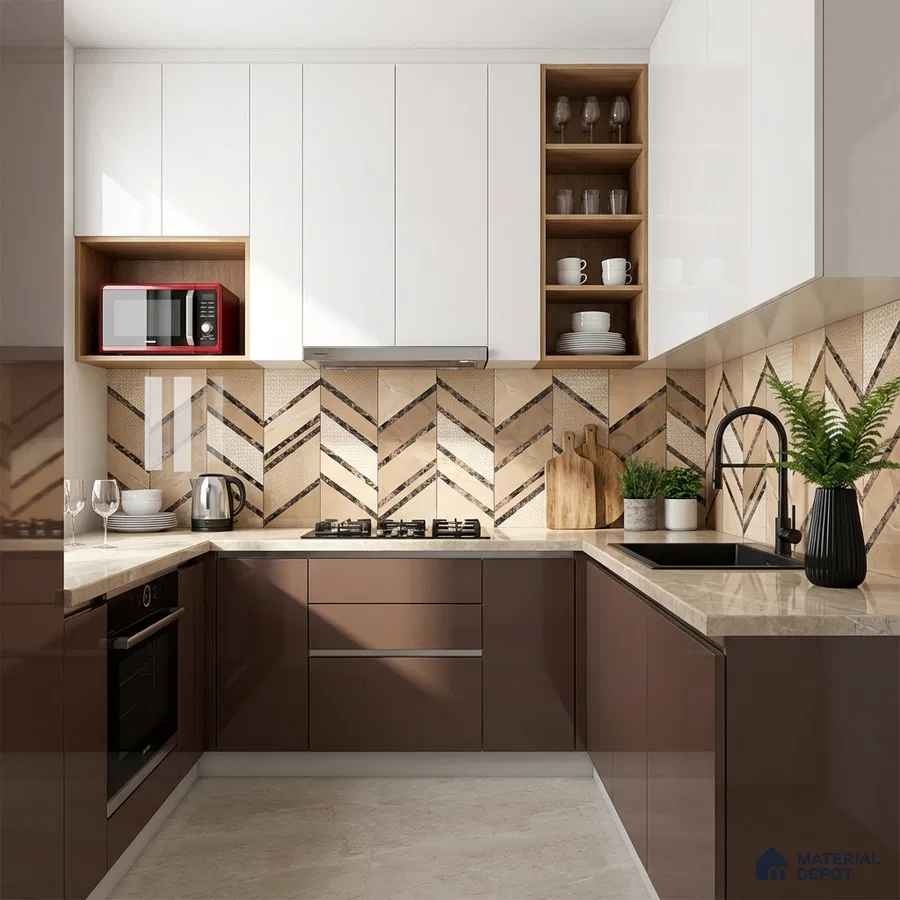 Modern U-shaped kitchen with glossy brown and white laminate, beige quartz countertop, and chevron patterned backsplash tile