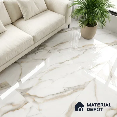 Modern living room with polished calacatta marble-look floor tiles and beige fabric sofa