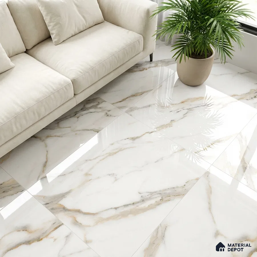 Modern living room with polished calacatta marble-look floor tiles and beige fabric sofa