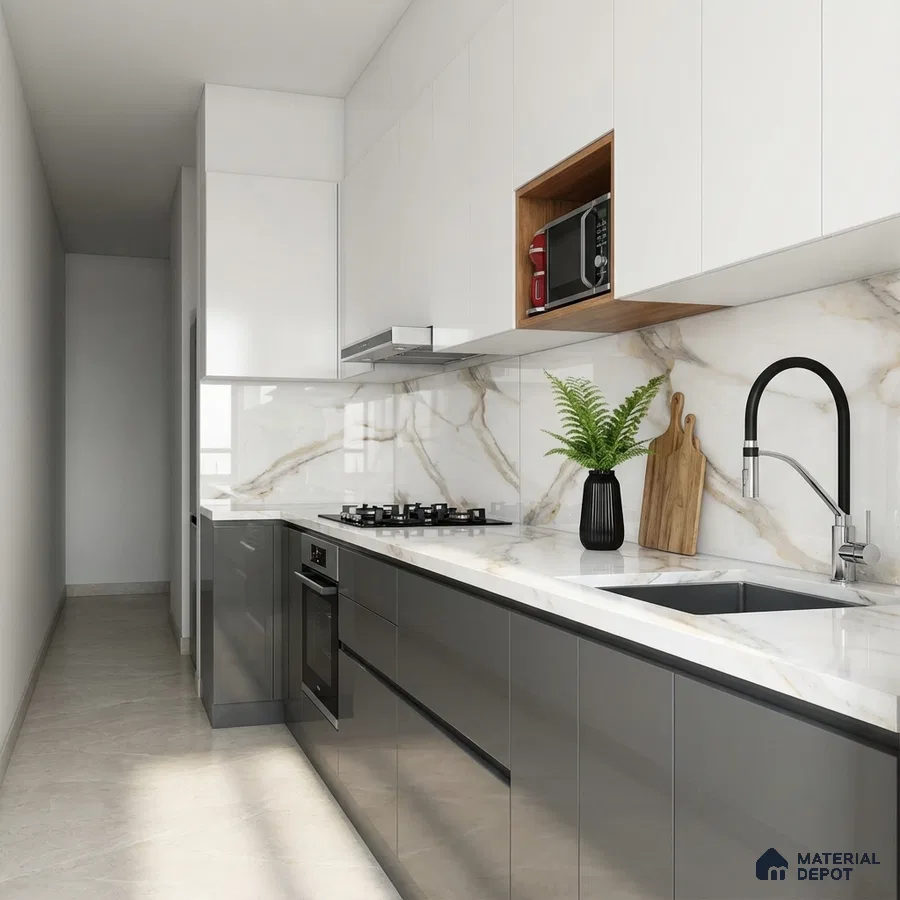 Modern kitchen with white marble-look backsplash, glossy grey and white laminate cabinets, and quartz countertop