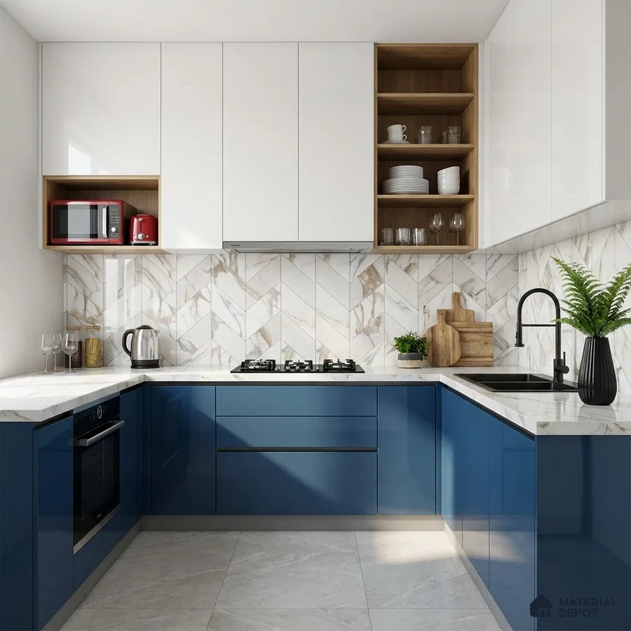 Modern dual tone kitchen with blue high gloss laminate, white marble-look backsplash tile, and white quartz countertop