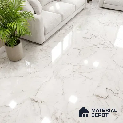 Modern living room with polished white marble-look floor tiles and neutral sofa