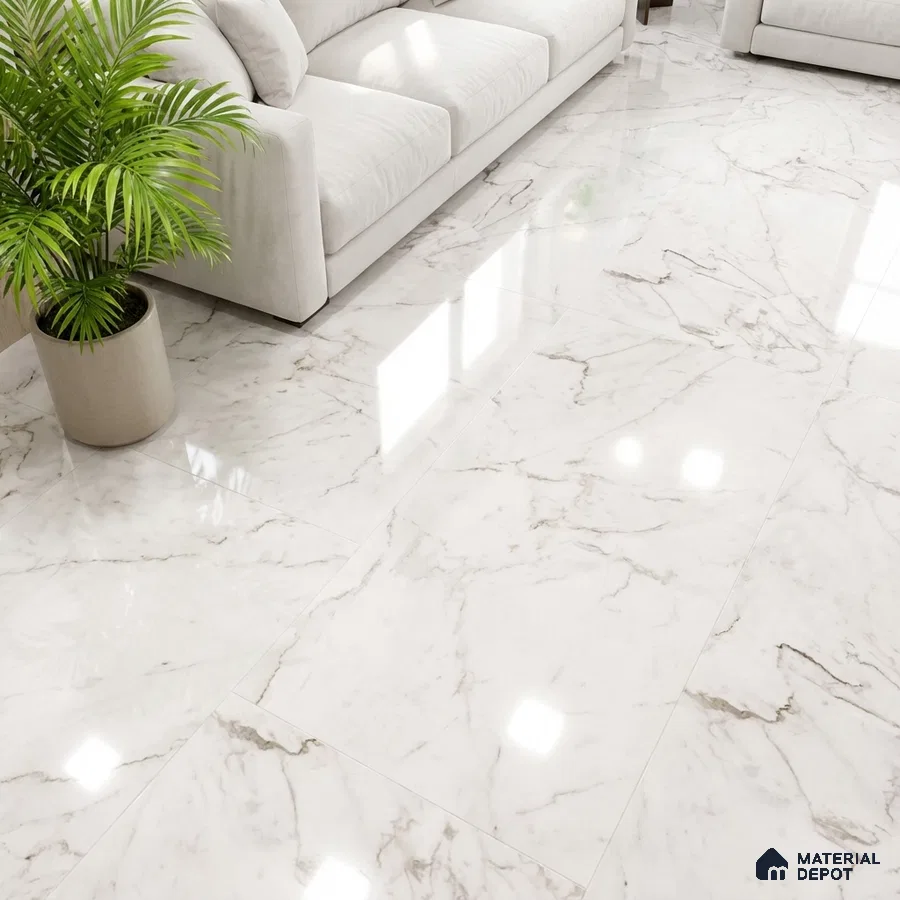 Modern living room with polished white marble-look floor tiles and neutral sofa