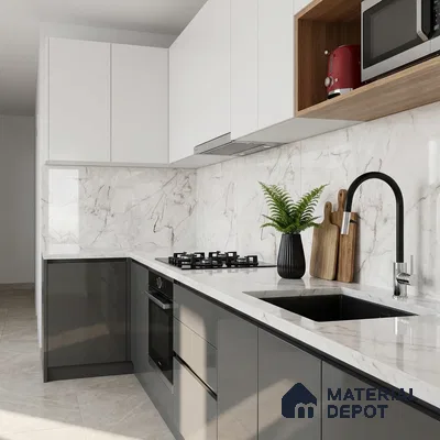 Modern kitchen with white marble-look backsplash, glossy grey and white laminate cabinets, and quartz countertop