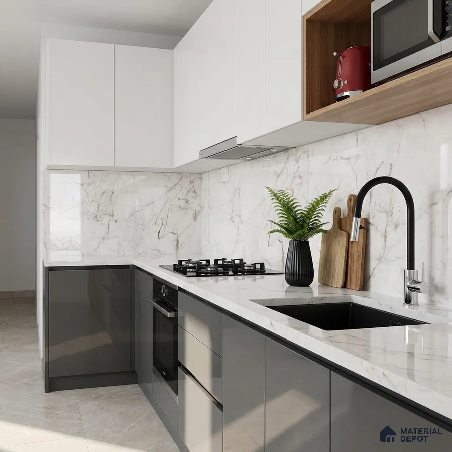 Modern kitchen with white marble-look backsplash, glossy grey and white laminate cabinets, and quartz countertop