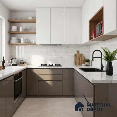 Modern dual tone kitchen with glossy white and taupe laminate, marble-look backsplash tile, and white quartz countertop