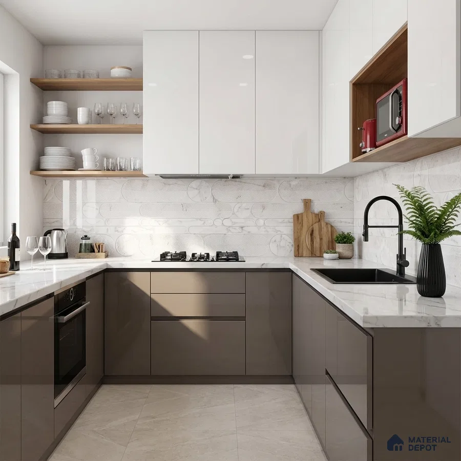 Modern dual tone kitchen with glossy white and taupe laminate, marble-look backsplash tile, and white quartz countertop